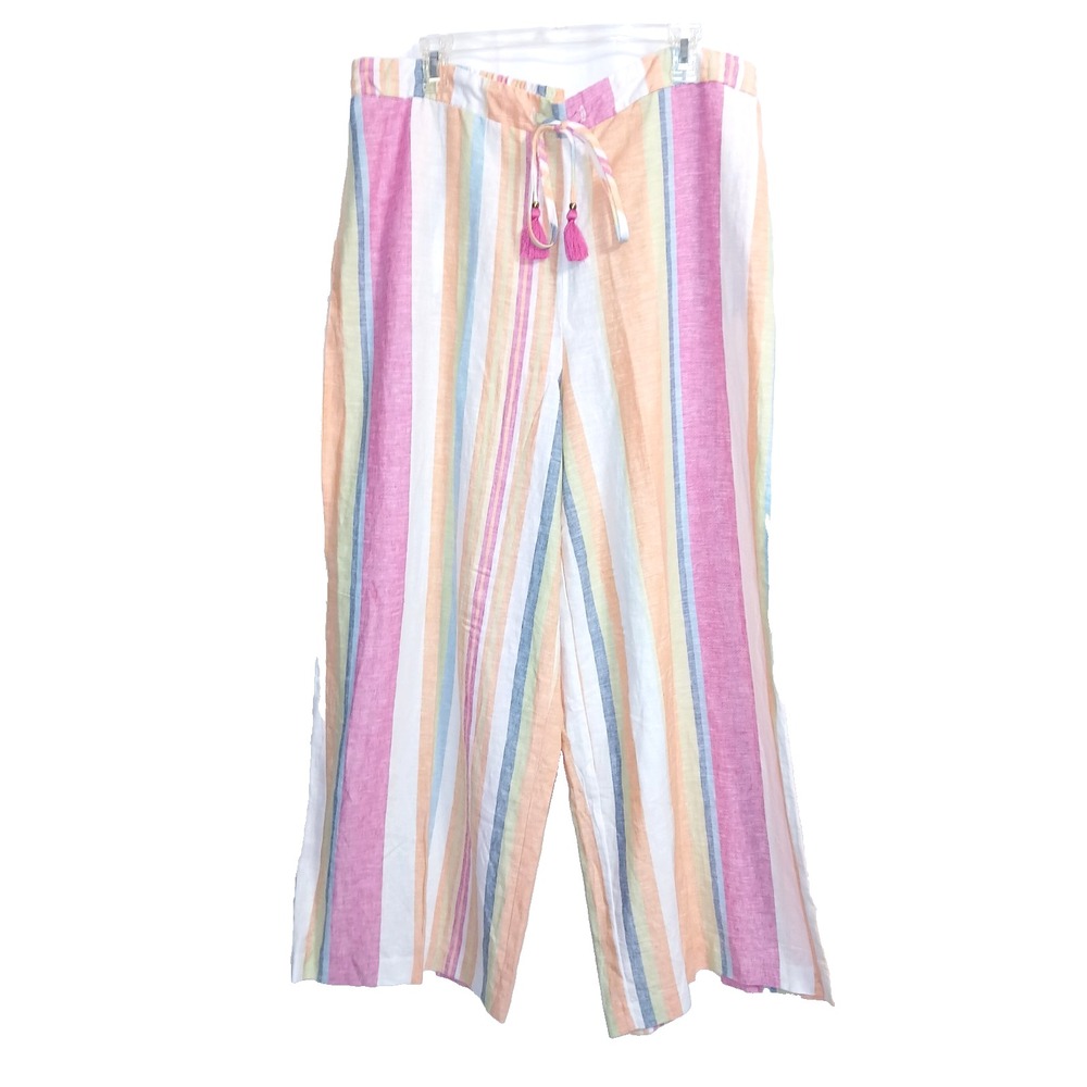 ECI Linen Blend Women Wide Leg Palazzo Pant XL Rainbow Stripe Pull On Coastal